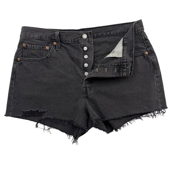 Levis 501 Black Cut Off Button Fly Jean Shorts High Rise Western Womens W32 - Picture 1 of 12